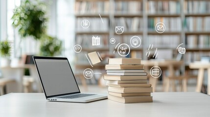 Poster - A modern technology enabled educational workspace with a laptop computer and piles of textbooks and research materials