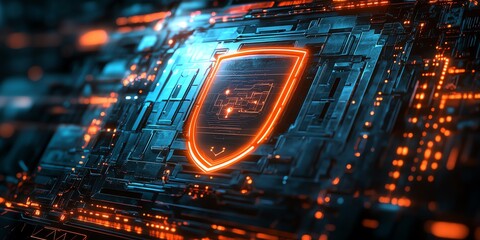 Poster - Cybersecurity Shield: Glowing Neon Protection on Futuristic Circuitry