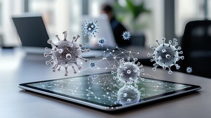 Poster - A digital tablet shows strange, fluorescent super-viruses and micro-meshes with particles, while people work on laptops in the background