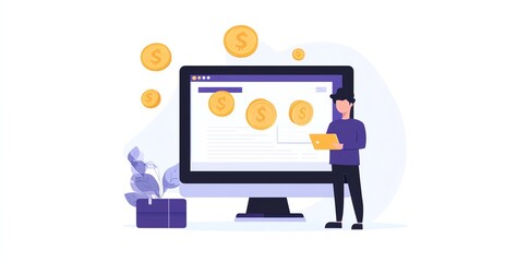 Poster - Online Earnings: Man with Laptop and Golden Coins on Computer Screen