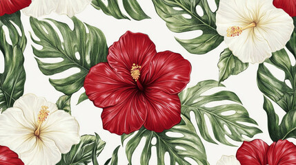 Wall Mural - beautiful hibiscus flowers with lush green leaves