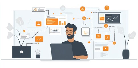 Fototapete - Focused Man Managing Data Streams: A Modern Minimalist Illustration