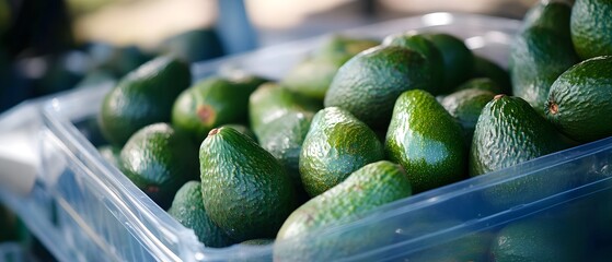 Poster - Fresh ripe avocados stacked in a large plastic container outdoors with contemporary cinematic lighting highlighting the natural textures and hues of the produce