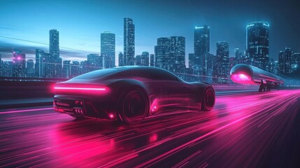Poster - A sleek high speed car cutting through the neon lit cityscape of a futuristic technologically advanced metropolis with towering skyscrapers and a vibrant energetic atmosphere