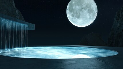 Wall Mural - a futuristic observatory with glass floors above glowing waterfalls, full moon in perfect view