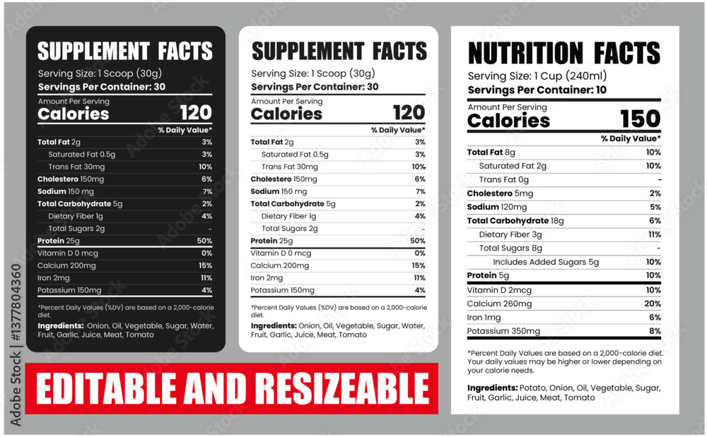 Nutrition facts database template design with vector, supplement facts ...