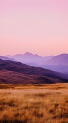 Poster - muted purple hills and mountains rise beneath a pastel pink sky with pale orange grass in the foregr