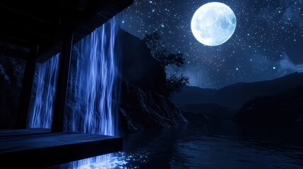 Wall Mural - a sci-fi temple floating beside a glowing waterfall, full moon overhead and constellations sparkling