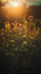 Poster - vibrant healthy plants thriving in a scenic serene field at a rural farm with a moody atmospheric an