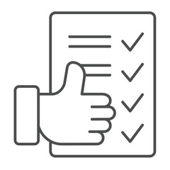 Poster - Checklist paper and thumb up hand thin line icon, design recruitment concept. Vector graphics. Summary of quiz test, success sign on white background, outline style icon for mobile or web design.