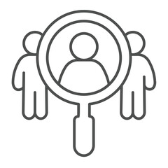 Poster - Magnifier and man thin line icon, design recruitment concept. Vector graphics. Search for job candidate, human recourse sign on white background, outline style icon for mobile or web design.