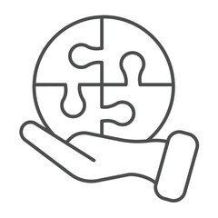 Poster - Hand with puzzle game bubble thin line icon, design recruitment concept. Vector graphics. Puzzle piece in hand, training sign on white background, outline style icon for mobile or web design.