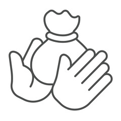 Poster - Bounty bag in hands thin line icon, design recruitment concept. Vector graphics. Hands with salary sack, money reward sign on white background, outline style icon for mobile or web design.