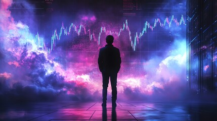 Poster - Silhouette Figure Contemplating Neon Stock Market Chart in a Dreamlike Vaporwave Scene