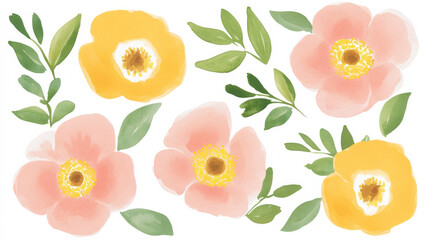Wall Mural - bright watercolor flowers with green leaves evoke joy and beauty