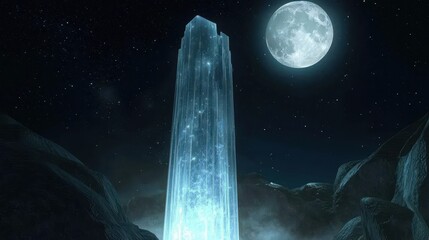 Wall Mural - a crystal tower beside a glowing waterfall, lit by a bright full moon, constellations swirling aroun