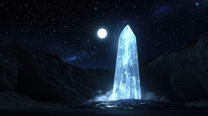Wall Mural - a crystal tower beside a glowing waterfall, lit by a bright full moon, constellations swirling aroun