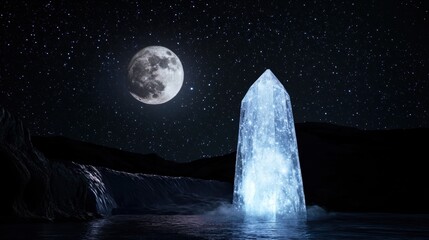 Wall Mural - a crystal tower beside a glowing waterfall, lit by a bright full moon, constellations swirling aroun