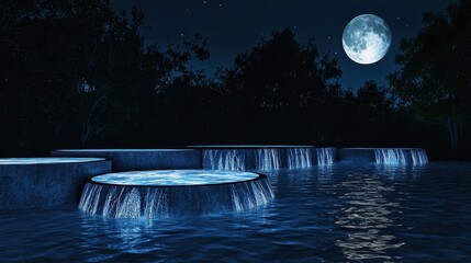 Wall Mural - a surreal sculpture garden floating above glowing waterfalls, full moon high and stars rotating in p