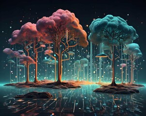 Poster - A surreal landscape with trees featuring circuit patterns, reflecting on a digital water surface, under a vibrant