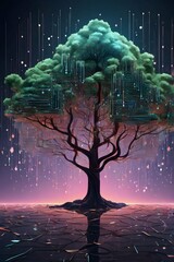 Poster - surreal tree with circuit patterns stands on a reflective surface, bathed in digital light streaks