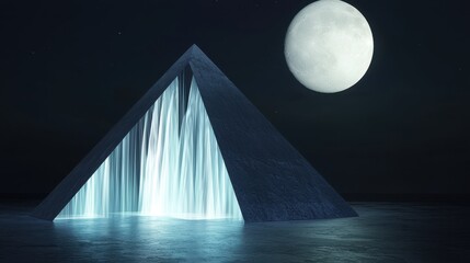 Wall Mural - a futuristic pyramid beside glowing waterfalls, full moon shining overhead, shadows forming geometri
