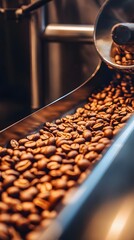 Poster - close up view of coffee beans being processed in a metallic industrial within a modern factory setti