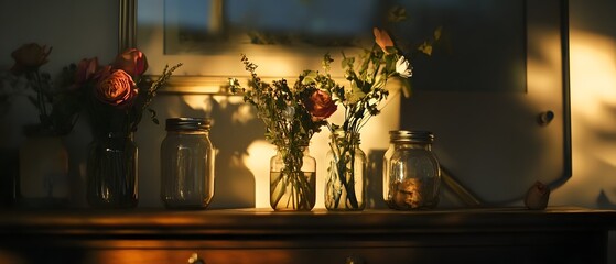Poster - Elegant arrangement of flowers in glass jars displayed on a modern sideboard accentuated by warm cinematic lighting that creates a serene and inviting atmosphere