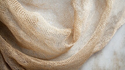 A minimalist photo of a handwoven fishing net styled on a neutral background. background