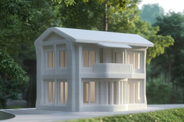Poster - Modern 3D printed building showcased in lush outdoor setting