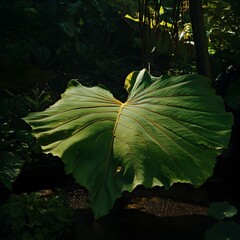 Poster - a close up view of a lush green leaf in a serene garden setting with dramatic and moody cinematic li
