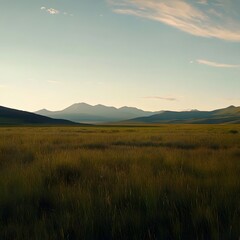 Poster - A sprawling prairie landscape extends into the distance where a towering mountain range rises majestically against the sky  The scene is bathed in cinematic moody lighting that creates a powerful