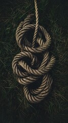 Poster - A captivating still life composition featuring a coiled and tangled rope resting on the grassy ground