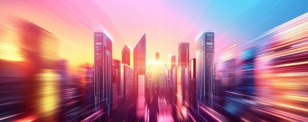 Poster - Motion blur city featuring futuristic cityscape and cyberspace skyline concept. A vibrant city skyline at sunset with colorful reflections.