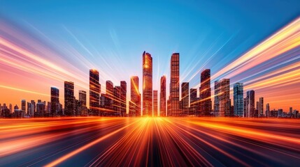 Poster - Motion blur city featuring futuristic cityscape and cyberspace skyline concept. Dynamic city skyline at sunset with vibrant colors and light trails.