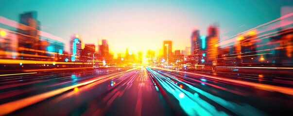 Poster - Motion blur city in digital cyberspace with future skyline concept. A vibrant city skyline with dynamic light trails at sunset.