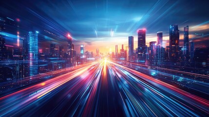 Poster - Motion blur city featuring future panorama and cyberspace landscape concept. Dynamic city skyline with light trails and vibrant sunset.