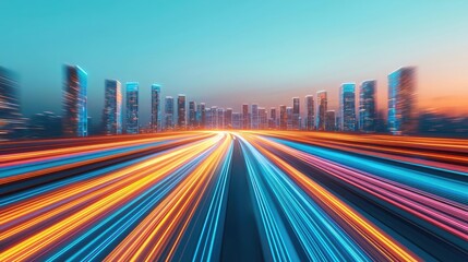 Poster - Motion blur city featuring futuristic cityscape and cyberspace skyline concept. Dynamic cityscape with vibrant light trails and urban skyline.