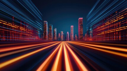 Poster - Motion blur city featuring future panorama and cyberspace landscape concept. Futuristic cityscape with vibrant lights and dynamic movement.