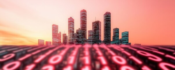 Poster - Motion blur city in digital cyberspace with future skyline concept. Futuristic city skyline with digital binary code overlay at sunset.