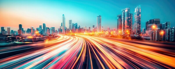 Poster - Motion blur city featuring future panorama and cyberspace landscape concept. Vibrant city skyline with bustling traffic lights at dusk.