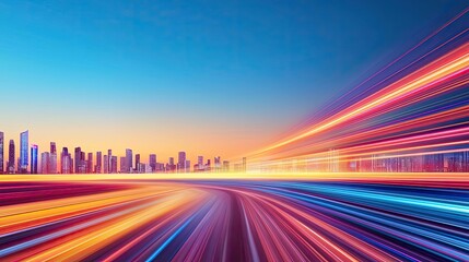 Poster - Motion blur city featuring futuristic cityscape and cyberspace skyline concept. Dynamic city skyline with vibrant light trails at sunset.