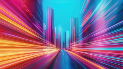 Poster - Motion blur city featuring futuristic cityscape and cyberspace skyline concept. Dynamic city skyline with vibrant lights and modern architecture.