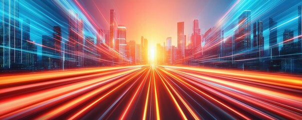 Poster - Motion blur city in digital cyberspace with future skyline concept. Dynamic cityscape with light trails and sunset glow, conveying motion.
