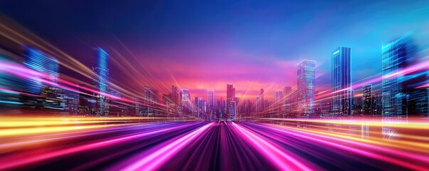 Poster - Motion blur city in digital cyberspace with future skyline concept. Futuristic cityscape with vibrant light trails and dramatic skies.