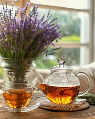 Aufkleber - transparent glass teapot with glass cup of tea on wooden table lavender bouquet in vase on background
