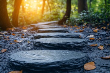 Poster - A serene stone pathway meanders through a green forest at sunset, with leaves scattered around, inviting peaceful contemplation and connection with nature Generative AI