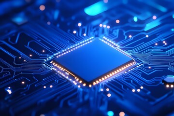 Poster - Glowing blue microprocessor on circuit board with electronic pathways and connections illuminated by neon lights, macro photography showing technology detail.