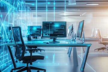 Fototapete - Modern office workspace with advanced technology and digital interfaces in action