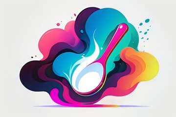 Poster - Vibrant spoon silhouette surrounded by colorful fluid shapes and dynamic splashes in pink, blue, turquoise and yellow gradient waves creates modern abstract composition.